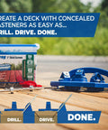 Deck Jig For Precise Concealed Deck Screw Installation And Smooth Plank Alignment With Three Hardened Steel Drill Guides next to screws on wood deck