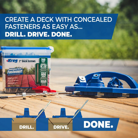 Deck Jig For Precise Concealed Deck Screw Installation And Smooth Plank Alignment With Three Hardened Steel Drill Guides next to screws on wood deck