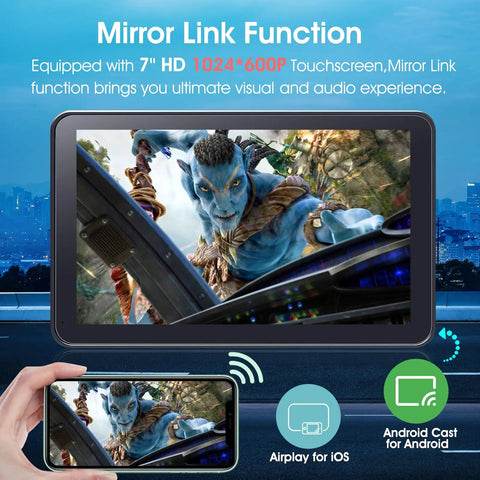 7 Inch HD Wireless CarPlay Screen showing mirror link function with connected smartphone, cityscape background, for cars with Android Auto.