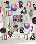 53 Piece 70s Disco Party Decorations Kit With Hanging Swirls And Disco Ball Cutouts in vibrant colors and retro designs.