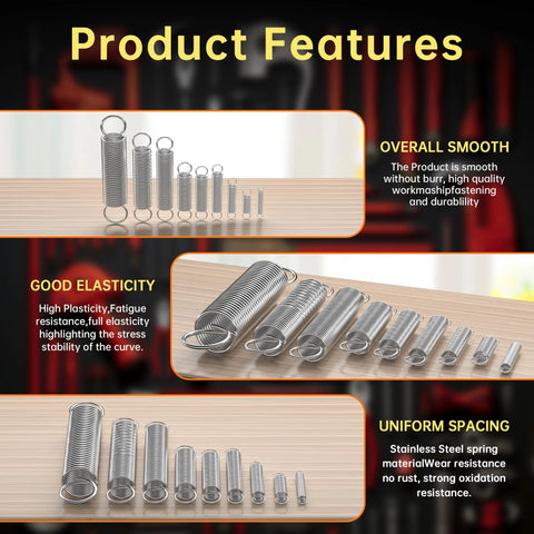 Assortment of stainless steel extension springs in 25 sizes (100 pcs), arranged in rows for home repairs.