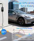 Level 1 And Level 2 EV Charger With 25 Feet Cable, 16A, 110-240V, adjustable current, connected to electric car in parking.