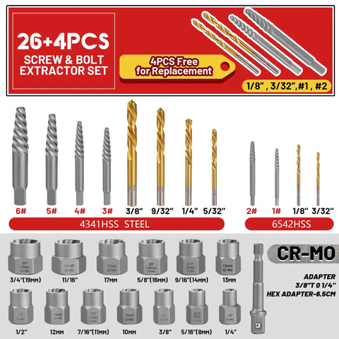 Spiral Screw Extractor Set 30-Piece Kit With Left Hand Cobalt Drill Bits And Nut Removers, Heavy Duty Cr-Mo Steel, 4341/6542 HSS displayed