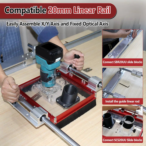 Dust Collection Router Sled Kit For Slab Flattening With 20mm Rails And SBR20UU SCS20UU Slides in use on wooden slab.