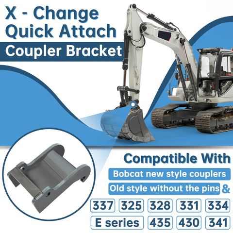 X Change Coupler Bracket Quick Attach For Bobcat E Series And Old Style Quick Attach Mini Excavator Bucket Mounting Accessory Heavy Duty Steel Construction Durable Attachment Bracket For 325 328 331 334 337 341 430 435 And E Series Models shown with excavator.