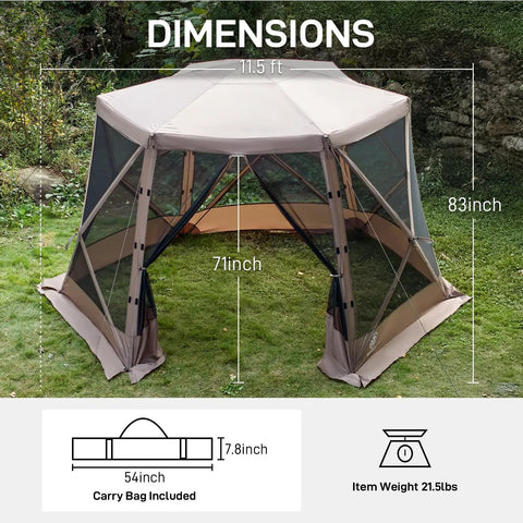 Pop Up Screen House Tent For Camping 11.5 By 9.8 Ft Instant Gazebo With Netting Grab And Go Backyard Shelter dimensions view