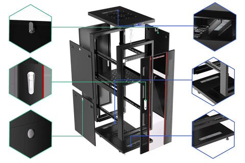 Heavy Duty 42U Floor Standing Server Rack With Locking Glass Door And Built In Cooling Fan detailed view showing components and structure.
