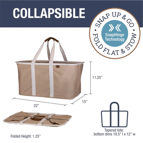 Dope Collapsible Laundry Tote 2-Pack 50L Foldable Carry-All Storage Bin dimensions and folded view with cotton blend and leather accents in mocha