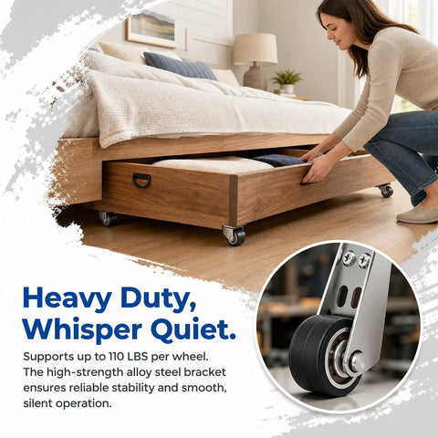 Heavy Duty Vertical Track Roller Wheels With Soft Rubber Coating, Fixes Drooping Barn Doors Fast, Silent Rolling Low Profile Casters For Sliding Panels Drawers And Heavy Furniture Sets, cabinet drawer in use.