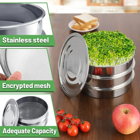 Stainless Steel Seed Sprouting Kit, 3-Tier Microgreens Growing Tray Set With Encrypted Mesh on kitchen counter with vegetables