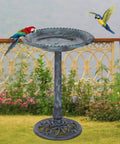 28 Inch Pedestal Bird Bath With Scalloped Bowl Vintage Outdoor Garden Decor Green Resin Weatherproof And Lightweight Backyard Accent That Attracts Birds, Easy Setup, Frost Resistant in garden with birds.