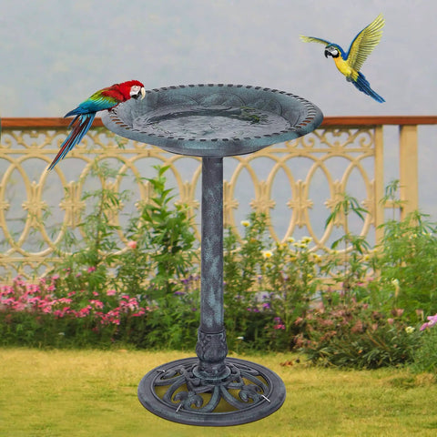 28 Inch Pedestal Bird Bath With Scalloped Bowl Vintage Outdoor Garden Decor Green Resin Weatherproof And Lightweight Backyard Accent That Attracts Birds, Easy Setup, Frost Resistant in garden with birds.