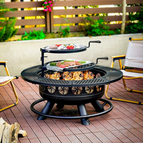 36 Inch Outdoor Fire Pit With Dual Grills And Lid, Wood Burning BBQ Pit for backyard deck or patio, showcasing flames