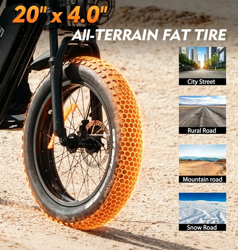 Powerful 2500 Watt Fat Tire Electric Bike for Adults and Teens with 20x4 all-terrain tire shown on various road types