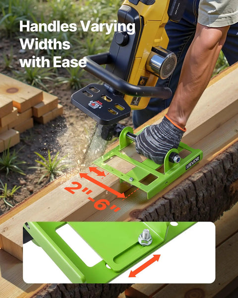 Person using Adjustable Chainsaw Mill 2 to 6 Inches Wide for vertical cuts, green mill attached to wooden log, closeup view.