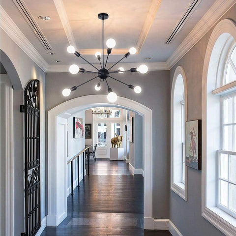 Matte Black Sputnik Chandelier With 12 Lights Adjustable Modern Ceiling Fixture in hallway, vintage industrial vibe style