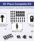 35 Piece Universal Engine Under Cover Fastener Kit With Push Retainers And Rivet Clips For Front And Rear Splash Shield Bumper Fender Liner U Nuts For Most Vehicles, 35-piece organized set with bolts, U-nuts, and nylon push clips
