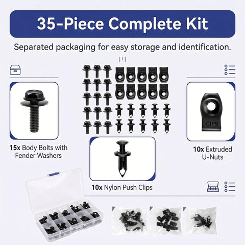 35 Piece Universal Engine Under Cover Fastener Kit With Push Retainers And Rivet Clips For Front And Rear Splash Shield Bumper Fender Liner U Nuts For Most Vehicles, 35-piece organized set with bolts, U-nuts, and nylon push clips
