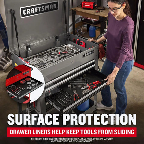 Rolling Tool Chest With Drawers And Locking Steel Cabinet Power Outlets And USB Port Four Swivel Casters Red Built Tough Utility Cart Holds Up To 700 Lbs Surface Liners Included with tools inside, showing surface protection and drawer liners in workshop.