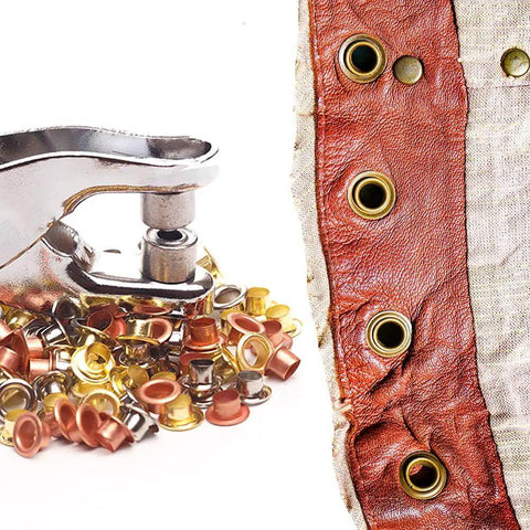 All In One Grab And Go Eyelet Grommet Pliers Kit With 1 Hole Punch And 100 Gold Grommets for leather and canvas crafts close-up