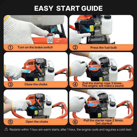 Easy start guide for Gas Powered 43Cc Post Hole Digger With 8 Inch Auger Bit showing step-by-step instructions.
