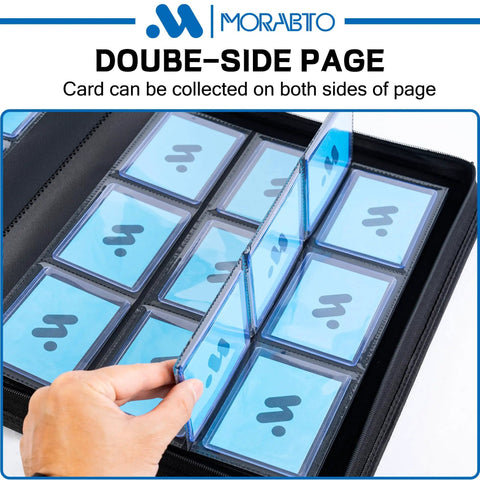 Top Loader Card Binder With 18 Double Sided Pages, Holds 324 3x4 Top Loaders, hand showing double-sided page detail