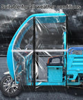 Three-Wheeled Electric Tricycle Cover With Transparent Rain Curtain For Outdoor Riding And Cargo Haul Weatherproof Shield With Reflective Strips For Safer Night Visibility Easy Fit On Electric Powered Trikes clear PVC rain cover on blue cargo trike