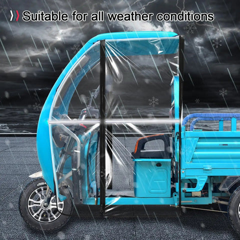 Three-Wheeled Electric Tricycle Cover With Transparent Rain Curtain For Outdoor Riding And Cargo Haul Weatherproof Shield With Reflective Strips For Safer Night Visibility Easy Fit On Electric Powered Trikes clear PVC rain cover on blue cargo trike