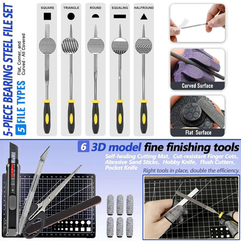 All In One 262 PC 3D Printer Tool Set with steel file set and model finishing tools, including cutters and knife for precision crafting.