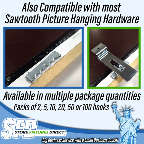 Notch Hook Picture Hanger compatible with sawtooth hardware, available in packs of 2, 5, 10, 20, 50, or 100 hooks with metal construction