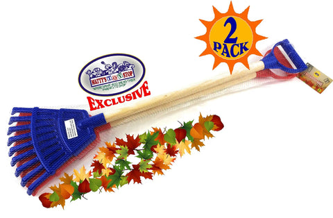 Heavy Duty Wooden Kids Lawn Rakes Set Of 2 30.5 Inch Rakes With Plastic Head And Handle Red And Blue Colorful Garden Tools