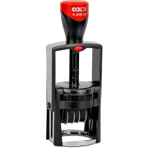Rock Solid Heavy Duty Self Inking Date And Time Stamp With Custom Text Message And Crisp Black Ink visible in black and red design.