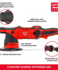 Powerful 1000 Watt Random Orbital Polisher for Car Detailing with dual action buffer, 6 inch backing plate, red ergonomic grip, side view