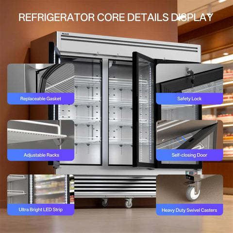 Sleek Stainless Steel Commercial Beverage Cooler With Tempered Glass Front And Bright Led Strip Badass Upright Drink Fridge Plug And Play 78 Cubic Feet displaying details like adjustable racks and safety lock.