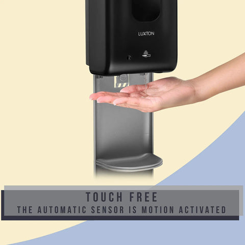 Solid Touchless Hand Sanitizer Dispenser On Heavy Duty Steel Floor Stand With Catch Tray And Refillable Bottle For No Sweat Hygiene Setup At Your Office Or Store showing motion-activated dispensing.