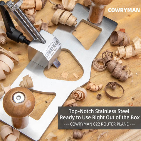 Router Plane Handheld Woodworking Tool With Adjustable Blade And Fence on wood surface, stainless steel, wood shavings, R022