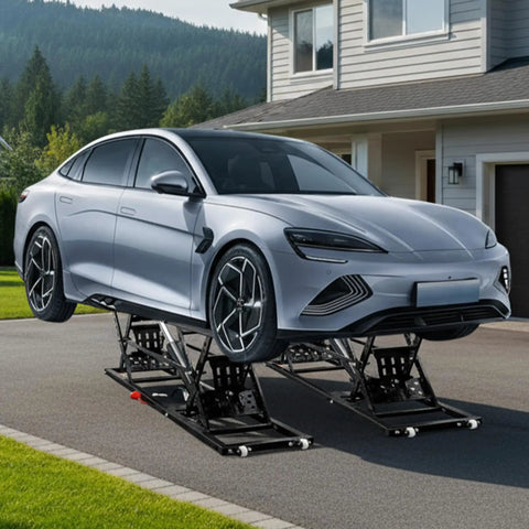 Heavy Duty Portable Car Hoist With Rock Solid Mechanical Locks, 7000 Lbs Quick Raise Jack Stand lifting a silver car outside a house.