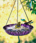 Outdoor 11 Inch Metal Hanging Bird Bath And Feeder With Colorful Purple And Blue Bowl Rustproof Black Chain Dragonfly Yard Art And Garden Decor Weather Resistant Bird Bath For Backyard Birds