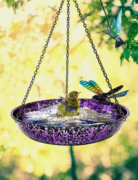Outdoor 11 Inch Metal Hanging Bird Bath And Feeder With Colorful Purple And Blue Bowl Rustproof Black Chain Dragonfly Yard Art And Garden Decor Weather Resistant Bird Bath For Backyard Birds