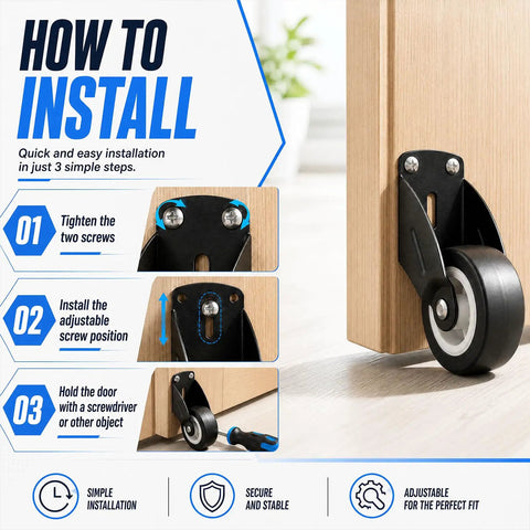 Installation guide for ElaraBerry 12 Pcs 2'' Anti-sag Gate Support Wheels, Black Caster Roller on door.