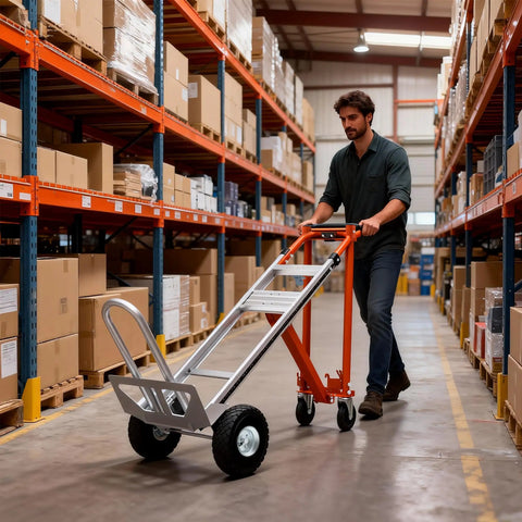 Heavy Duty Aluminum Three In One Convertible Hand Truck With Smooth Rolling Caster Wheels, Zero Hassle Assembly Folding Moving Dolly Cart in use in warehouse.