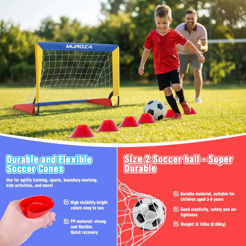 Child playing with Backyard Kid Friendly Soccer Goal Set Pack Of Two Portable Pop Up Nets With Ball And Cones Complete Training Gear For Ages 3 To 8 Easy Fold Pop Up Design For Quick Setup And Hours Of Outdoor Fun on grass field.