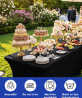 Slick Top Notch Two Pack Black 6Ft Fitted Tablecloth Rectangle Spandex Blend Cover used at outdoor event with desserts.