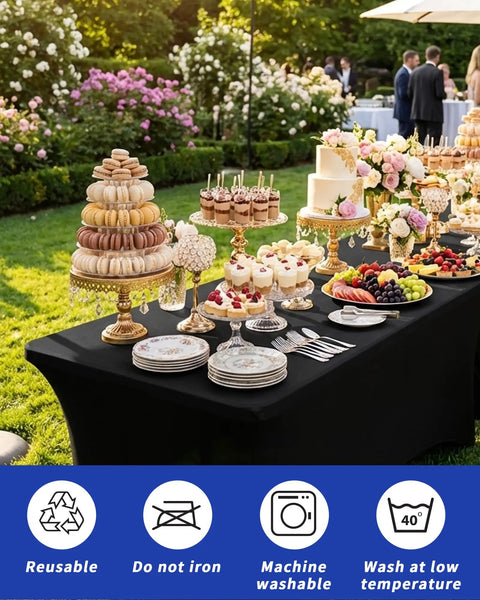 Slick Top Notch Two Pack Black 6Ft Fitted Tablecloth Rectangle Spandex Blend Cover used at outdoor event with desserts.