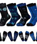 Four Pairs Engineer Socks For Men Funny Novelty Crew Socks with gear, circuit, and tool patterns, size US 6-12, ideal gift for engineers.