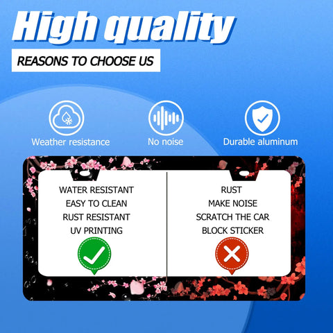 Comparative chart highlighting benefits of Dope Floral Pink License Plate Frame Stainless Steel With Screws Cherry Blossom Design