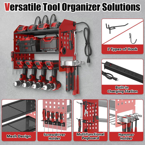 Power Tool Organizer Wall Mount With Charging Station, 3 Tier Red Garage Shelf, Built In 6 Outlet Power Strip And 1.65m Cord For Quick Charging, Grab And Go Access, And Neat Tool Storage.