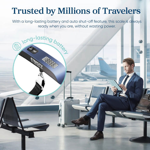 Digital Luggage Scale for Travel Essentials, Hanging Baggage Scale With Temperature Sensor, 110 Pound Capacity, in airport lounge.