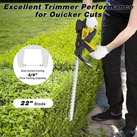 Person using Cordless Hedge Trimmer With 20V Battery, 22 Inch Dual Action Blade, 0.6 Inch Cutting Capacity, 1600 RPM, Safety Lock