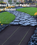 Heavy Duty Weed Barrier Landscape Fabric For Gardens And Lawns, installed on a garden path, visible flowers and stones